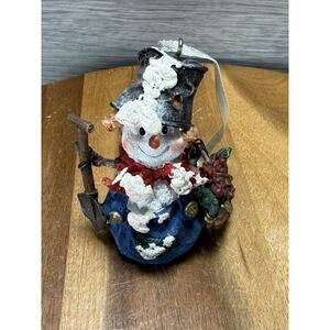 Snowman Figurine Christmas Ornament Shovel & Wreath Decoration Blue Overalls
